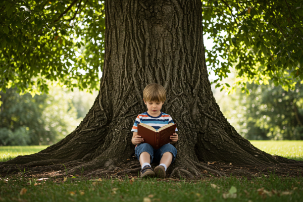 木陰で絵本を読むこども