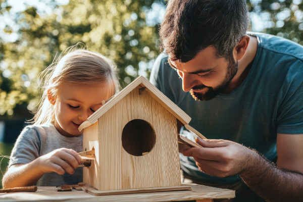 木の巣箱を作る親子