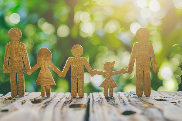 森の中に木の人形が手を繋いでいる