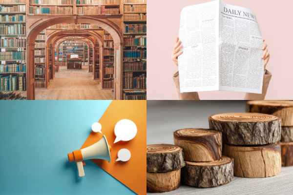 図書館と新聞紙とメガホンでアナウンスする様子と木材の積み重ね